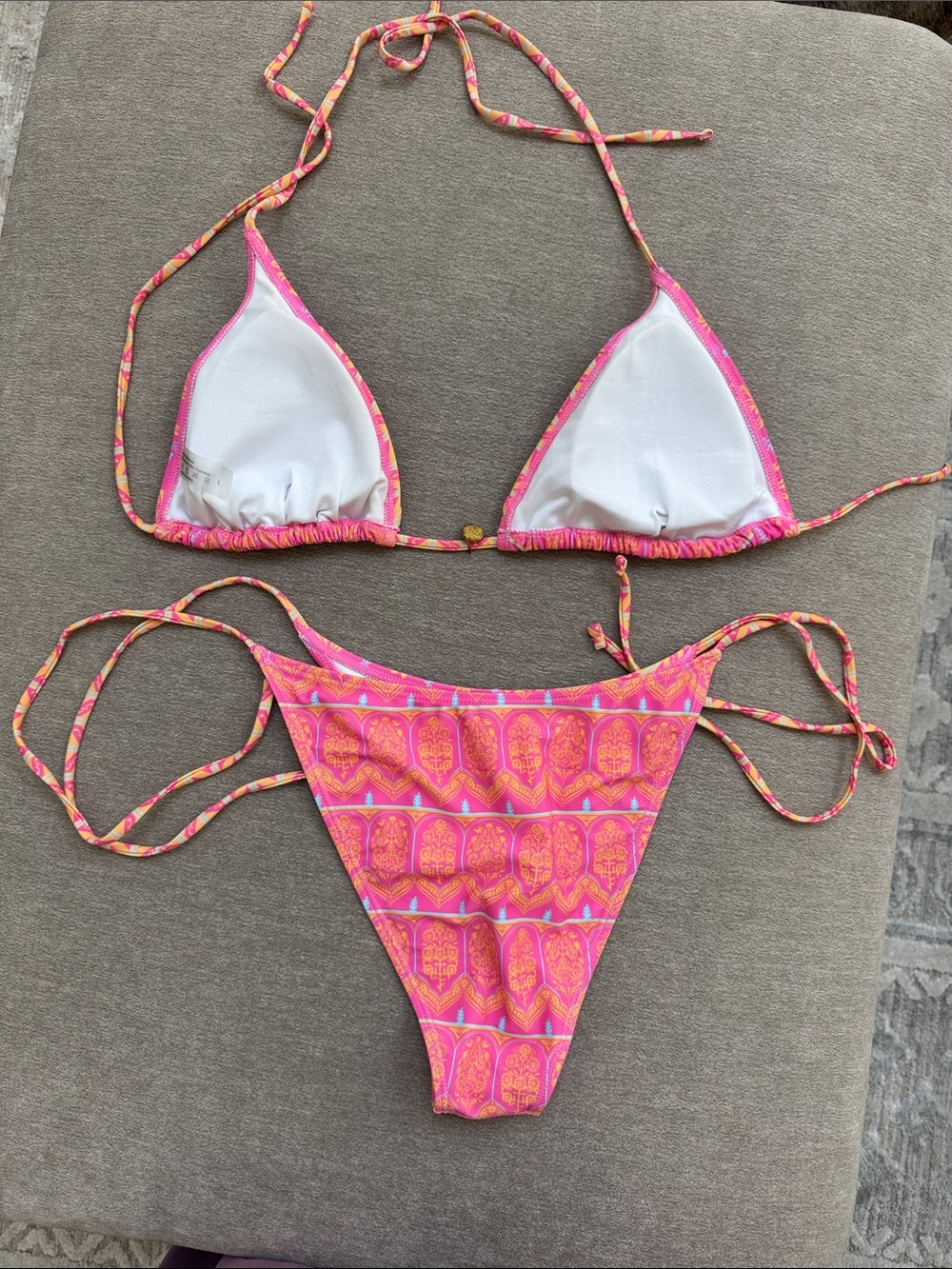Pink & Orange Patterned Triangle String Bikini - Picture 2 of 9